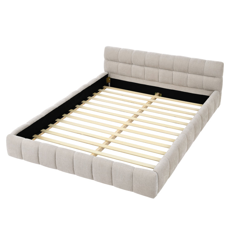 Queen Size Upholstered Bed Frame With Thick Fabric, Chenille Fabric Grounded Queen Size Platform Bed With Headboard And Solid Frame. No Box Spring Needed, Beige 68''*86.5''*23.5''