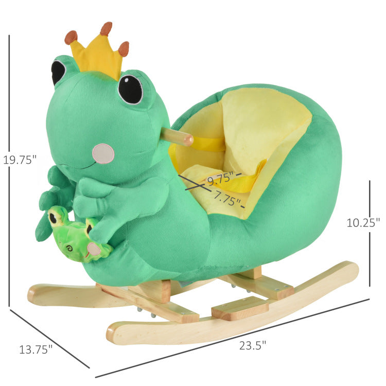 Qaba Kids Ride On Rocking Horse Toy Frog Style Rocker With Fun Music, Seat Belt & Soft Plush Fabric Hand Puppet For Children 18 36 Months