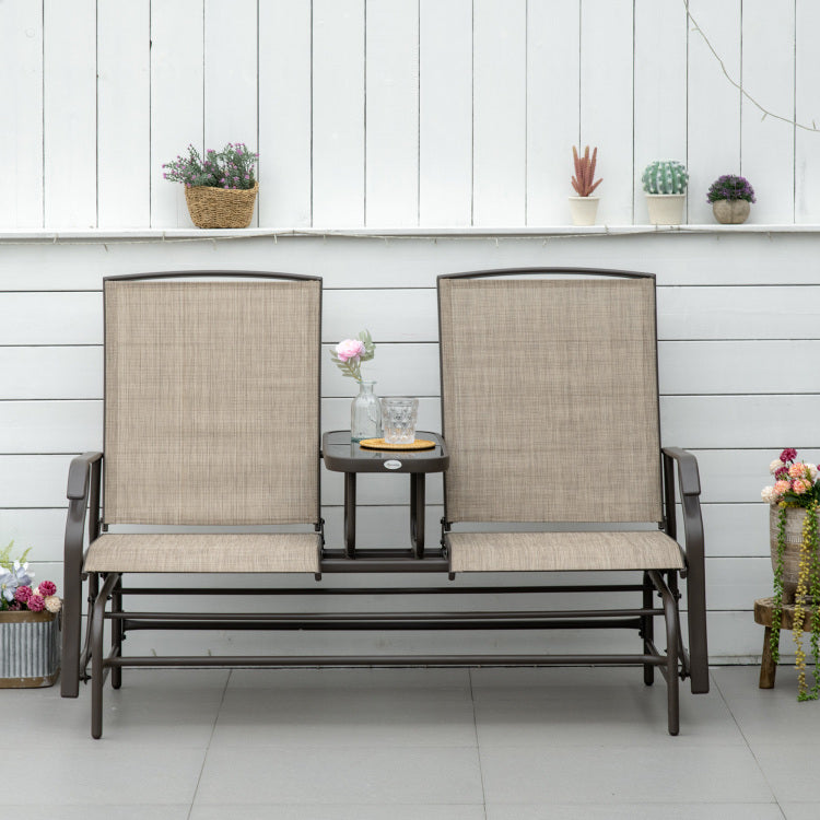 Outsunny Outdoor Glider Bench With Center Table, Metal Frame Patio Loveseat With Mesh Fabric And Armrests For Backyard Garden Porch, Brown