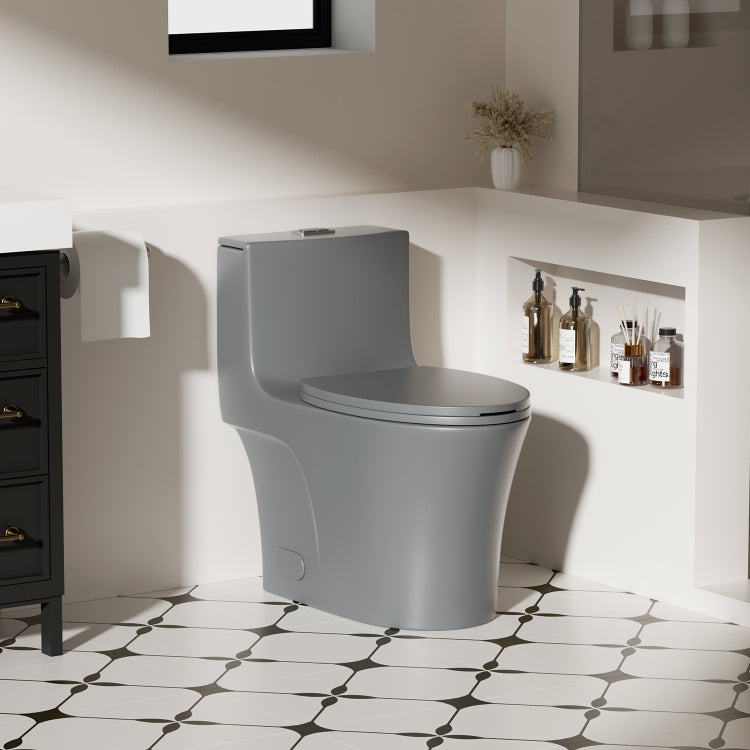 1.1 1.6 Gpf Tornado Flush One Piece Toilet Elongated, Siphonic S Trap 12",Soft Closing Seat, Button On Tank Top ,Powerful Dual Flush Map 1000G, Comfort Chair Seat Ada Height 17", Light Gray Lg 002