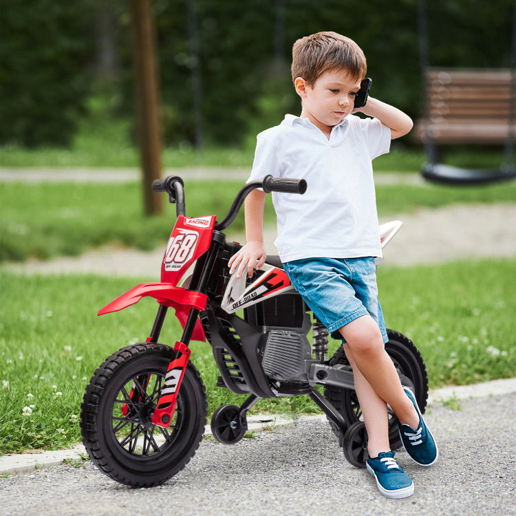 Qaba Kids Dirt Bike With Twist Grip Throttle, 12V Electric Motorcycle, Electric Bike For Toddler With Training Wheels, Rear Suspension & Music For Ages 3 6 Years, Red