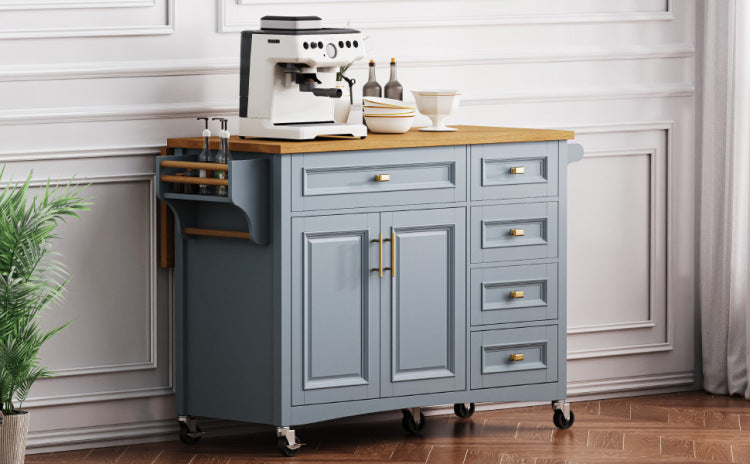 K&K 52'' Kitchen Island With Drop Leaf, Embossed Texture Kitchen Island On Wheels With Spice Rack, Towel Rack, 2 Doors And 5 Drawers, Kitchen Storage Cart With Adjustable Shelf For Kitchen, Blue