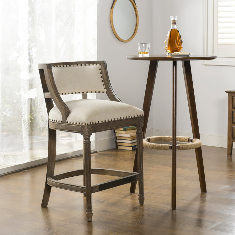 Paris 26.5" Farmhouse Counter Height Bar Stool With Backrest, Light Beige Linen