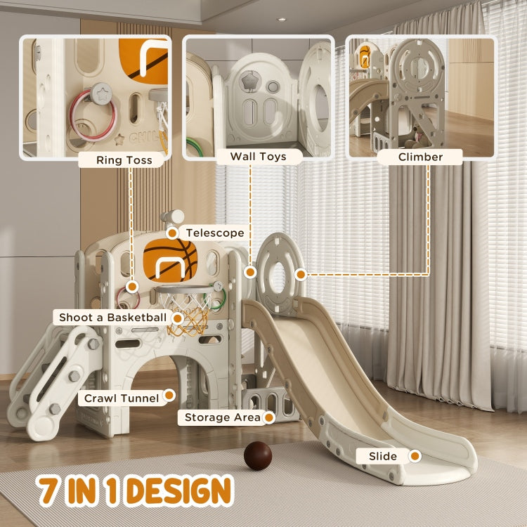 Qaba 7 In 1 Toddler Slide Playset, Kids Slide For Ages 1 6 Years With Ring Toss, Basketball Hoop, Telescope, Indoor Playground With Climber, Storage Space, Crawl Tunnel, Cream White