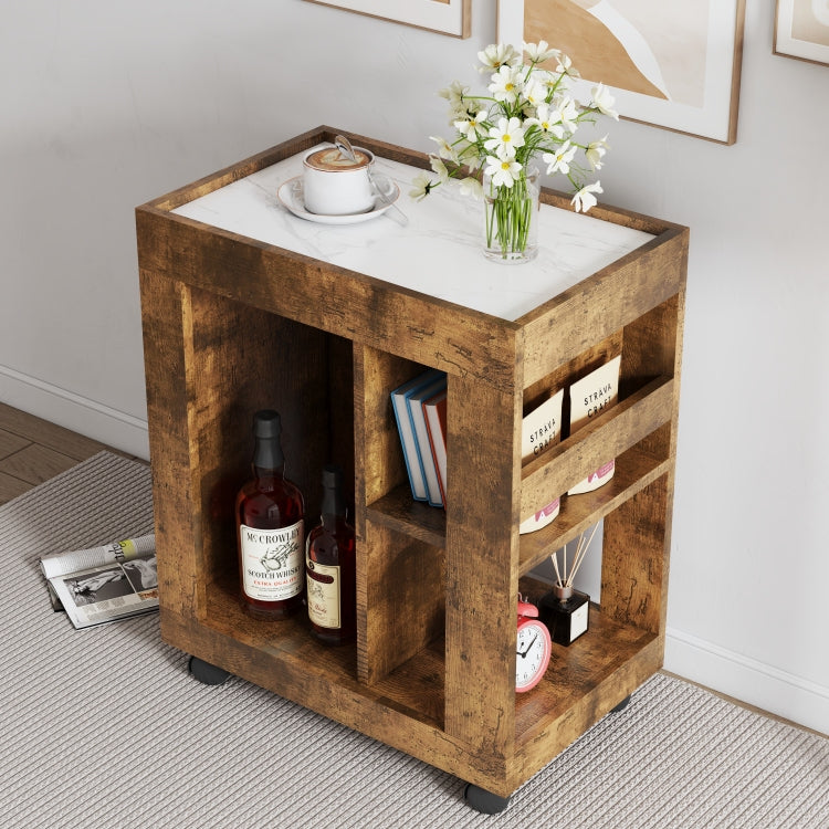 Mid Century Modern Style Movable Side Cabinet For Sofa, Household Brown Trolley Storage Locker And Shelf For Living Room