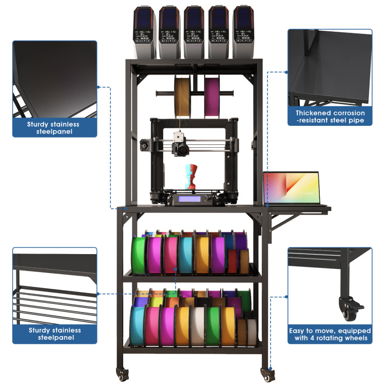 3D Printer Stand, Heavy Duty 3D Printer Table Stand With Filament Storage Rack, T Shaped Spools Holder Rack With Wheels,3D Printer Workbench For 3D Printing Studio, Home Office Workshop