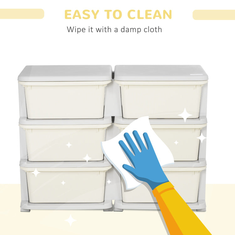 Qaba 3 Tier Kids Storage Unit, 6 Drawer Chest Toy Organizer Plastic Bins For Kids Bedroom Nursery Kindergarten Living Room For Boys Girls Toddlers, Cream