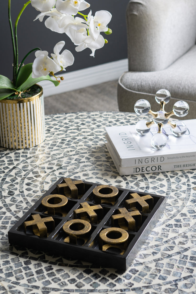 9.8X9.8X1.2" Black Wooden Tic Tac Toe Game Set With Gold Iron Pieces