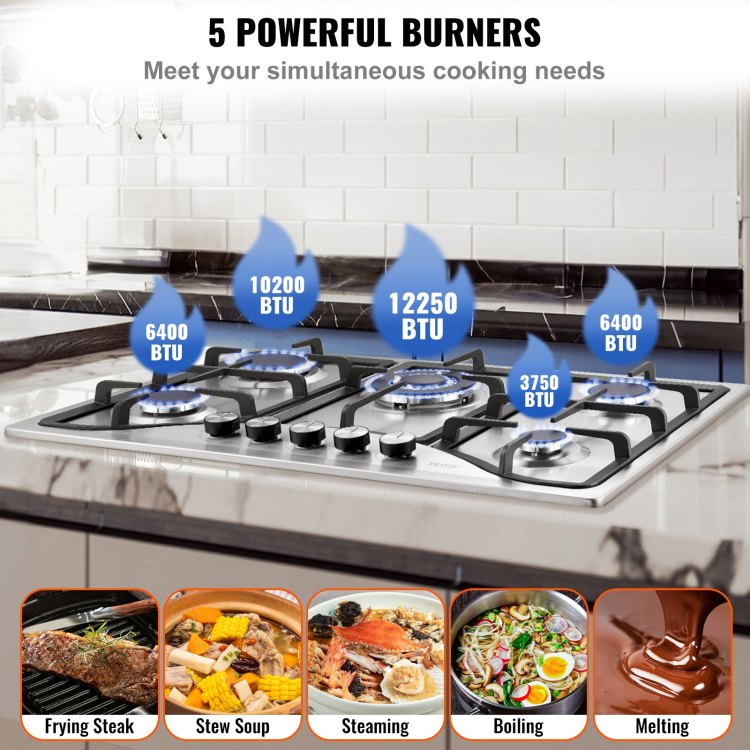 Gas Cooktop 30 Inch, Max 12250Btu 5 Burners Built In Stainless Steel Gas Stove Top, Lpg Ng Convertible Dual Fuel Natural Gas Hob With Thermocouple Protection