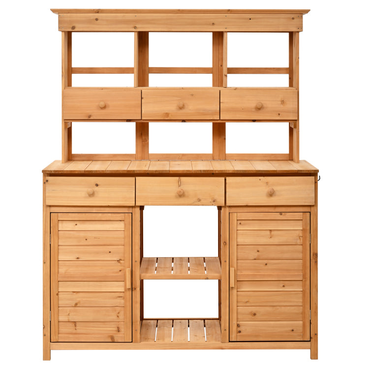 Assembly 65.7'' H Tall Garden Potting Bench Table With Hutch,Patio Storage Workstation With 3 Shelves,6 Drawers,2 Bottom Cabinets&Side Hooks For Mudroom,Doorway, Natural