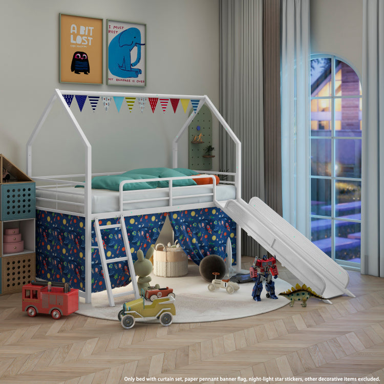 Jack Metal Junior House Twin Loft Bed With Slide And Curtain Set And Pennant Banner Flag And Star Stickers, White With Blue