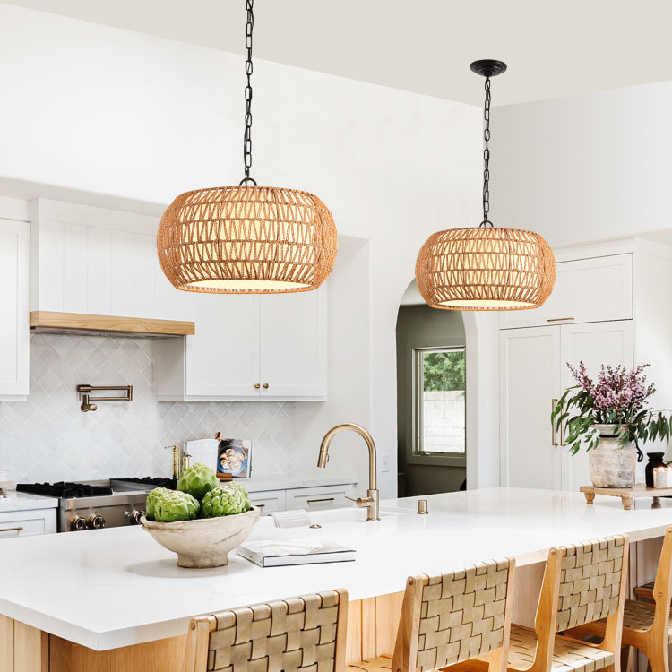 18" Farmhouse Pendant Light With Adjustable Height, Boho Woven Jute Rope Hanging Ceiling Light Fixture, E26 Base, 60W Max, Compatible With Flat, Vaulted, And Sloped Ceil Bulb Not Included
