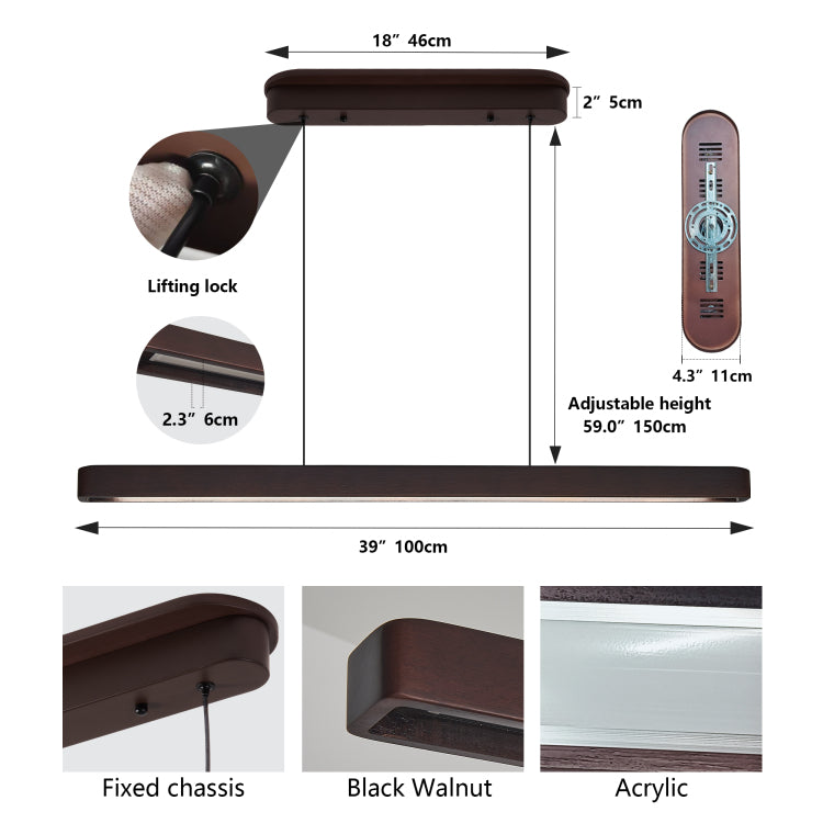 39 Inch Walnut Wood Modern Led Pendant Light, Adjustable Hanging Light For Dining Room, Kitchen, Living Room Sleek Walnut Color Finish