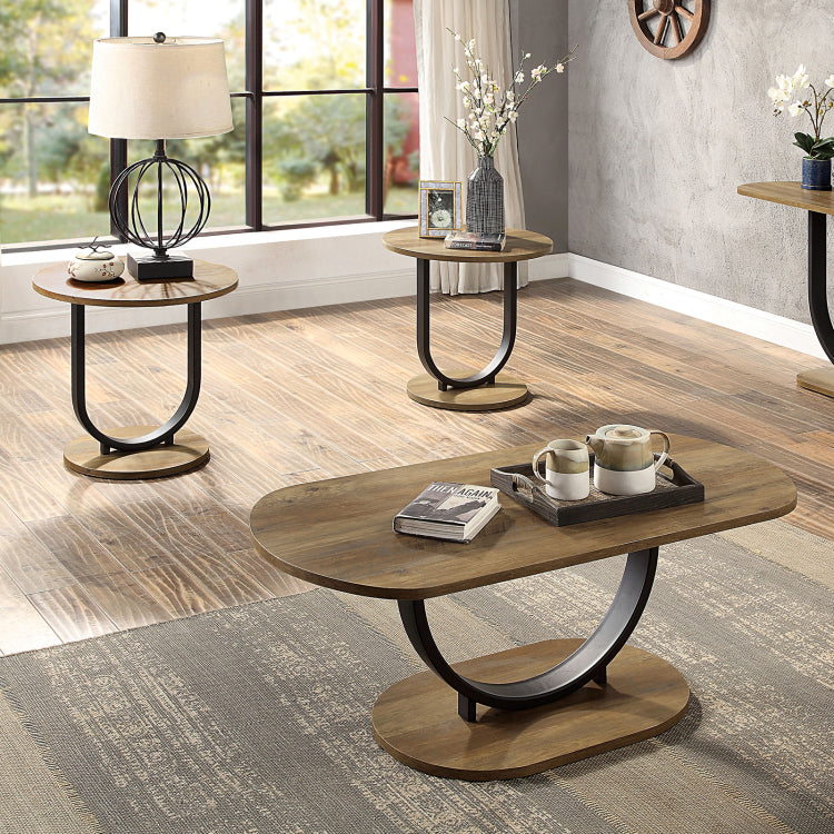 Industrial Style 3Pc Coffee Table Rustic Oak And Sand Black Finish U Shape Base Steel 1X Oval Coffee Table 2X Round End Table Replicated Wood Top
