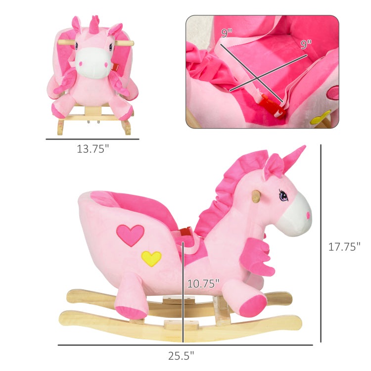 Qaba Baby Rocking Horse, Ride On Unicorn With 32 Songs, Toddler Rocker Toy With Wooden Base Seat Safety Belt For 1.5 3 Year Old, Pink