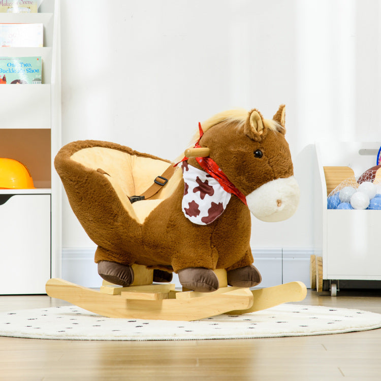 Qaba Baby Rocking Horse, Riding Horse, Plush Animal Rocker With Realistic Sound, Pedals For Ages 18 36 Months, Brown