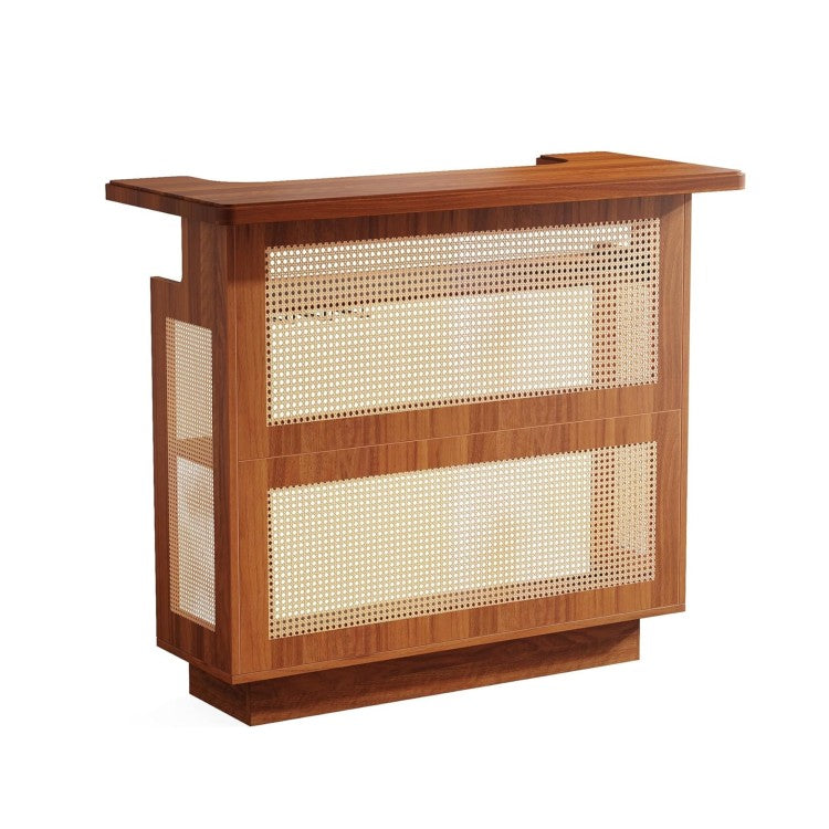 47.24 Inches Farmhouse Caramel Brown Rattan Home Bar Unit, 4 Tier Liquor Cabinet With Stemware Racks For Living Room