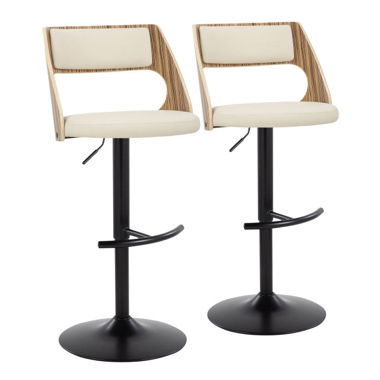 Contemporary Adjustable Barstool With Swivel In Black Metal, Zebra Wood And Cream Faux Leather With Rounded T Footrest Set Of 2