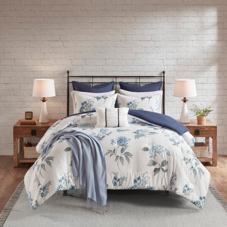 7 Piece Printed Seersucker Comforter Set With Throw Blanket Blue Full Queen