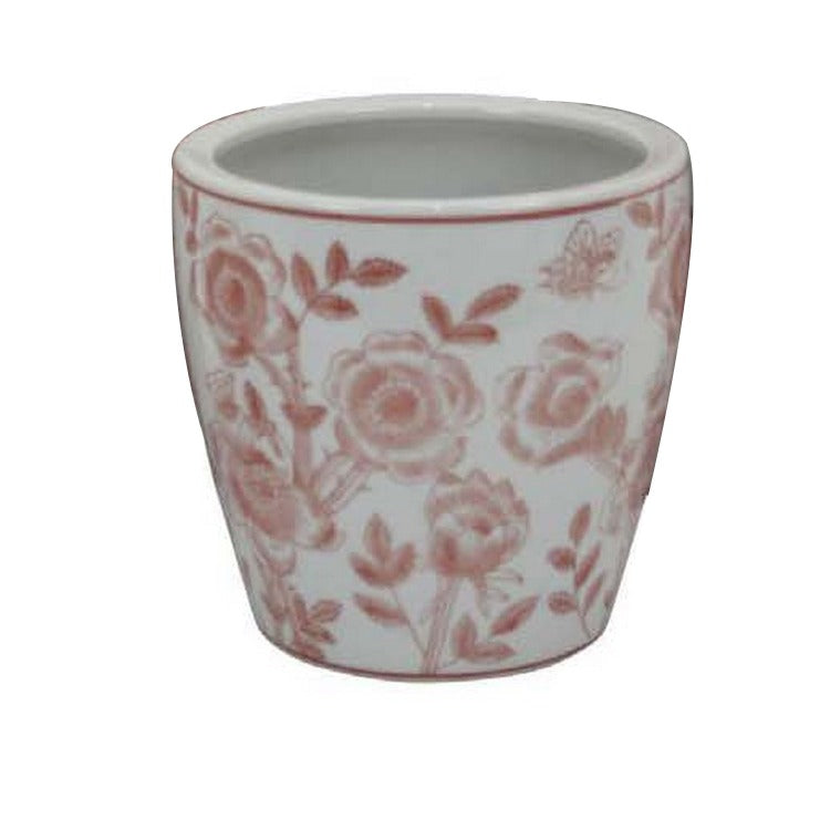 Kerry Accent Planter Pot Set Of 4, Pink Floral Pattern, White Ceramic