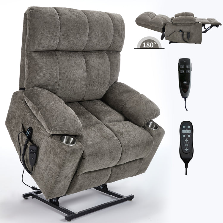 Brown Dual Motor Infinite Position Up To 350 Lbs Chenille Power Lift Recliner Chair, Heavy Duty Motion Mechanism With 8 Point Vibration Massage And Lumbar Heating, Dual Cup Holders