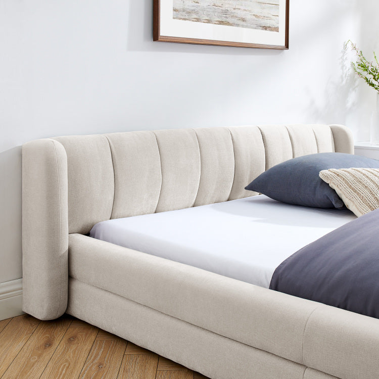 Queen Size Upholstered Bed Frame With Thick Fabric, Chenille Fabric Grounded Queen Size Platform Bed With Headboard And Solid Frame Beige 87''*67''*23.5''