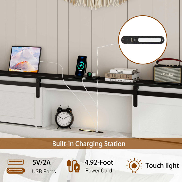 King Size Bed, Metal Bed Frame With Charging Station, No Need For Box Spring, White , No Noise, Easy To Assemble