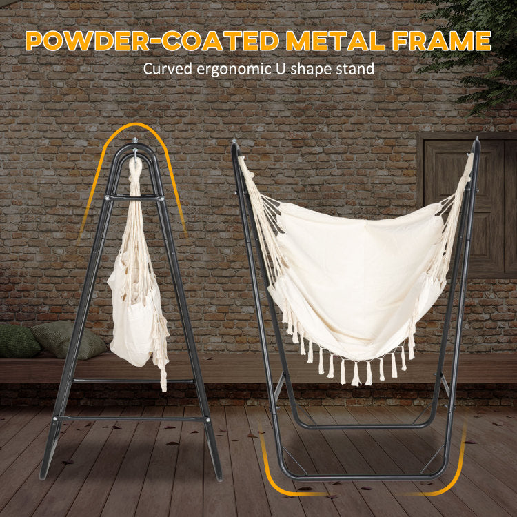 Outsunny Patio Hammock Chair With U Shape Stand, Outdoor Hammock Swing Hanging Lounge Chair With Side Pocket, Black Cream White