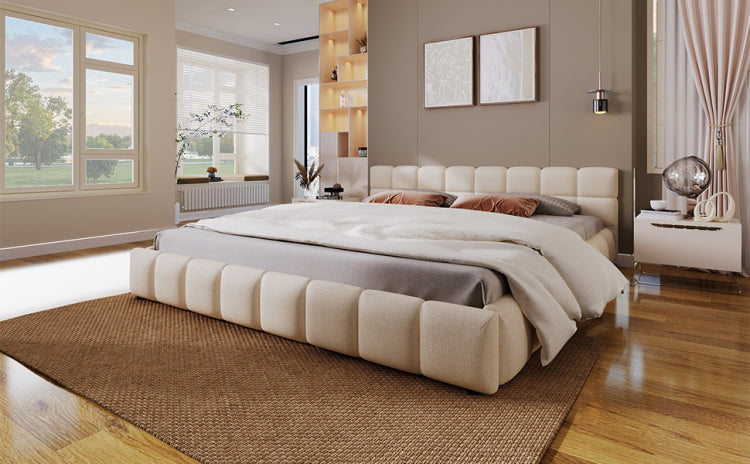 Elegant Beige Chenille Upholstered Bed With Checkerboard Design, King, Beige