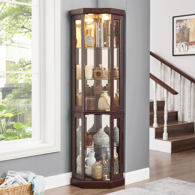 Corner Glass Cabinet Lighted Curio Cabinet Corner Display Case For Living Room, Curio Cabinet, Antique Collection, Wine,Bar Glass Storage Light Included,Dark Cherry
