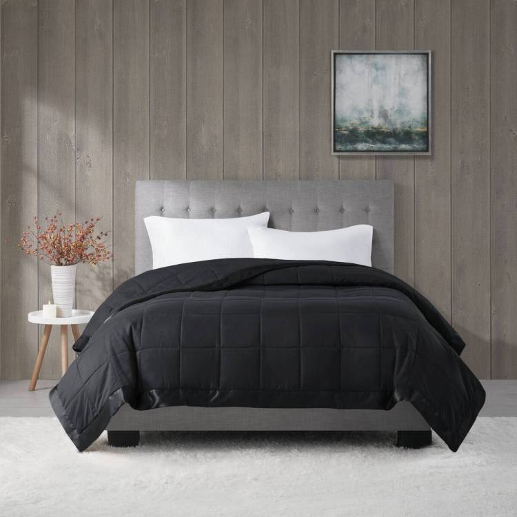 Lightweight Down Alternative Blanket With Satin Trim Black Full Queen