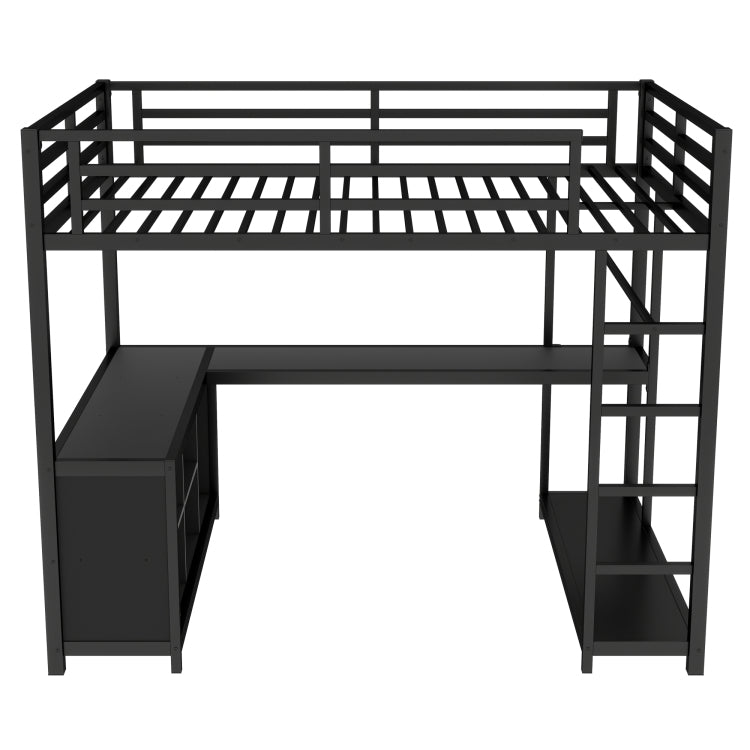 Metal Loft Bed With Wardrobe And L Shaped Desk, Full Size Loft Bed With Storage Cubes And Shelves, Loft Bed For Kids Teens Adults, Black