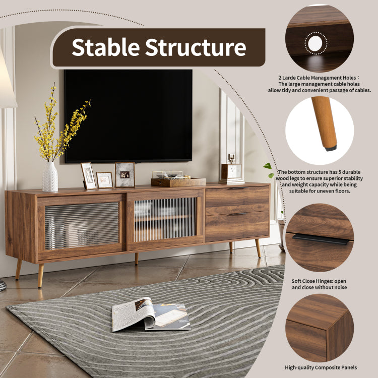 Modern Tv Stand For 75" Tv, Tv Console With 2 Glass Doors, Entertainment Center With 2 Drawers & Storage Cabinet, 70" Media Console Table For Living Room, Bedroom