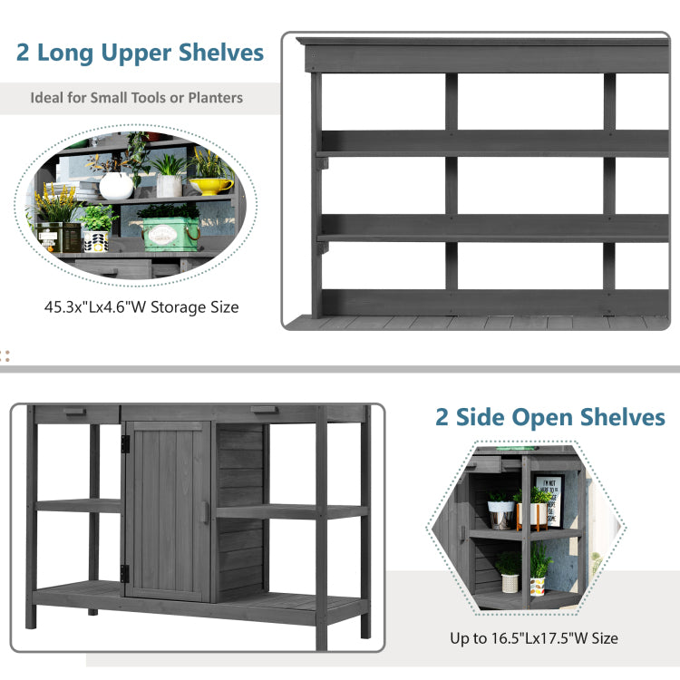 66'' Large Outdoor Farmhouse Wooden Potting Bench Table, Garden Workstation With 2 Drawers,Cabinet And Open Shelves For Backyard, Mudroom, Gray