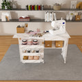 4 In 1 Folding Sewing Table With Lockable Wheels Multi Functional Craft Station, End Table, Computer Desk & Kitchen Storage With Shelves, White Rolling Sewing Machine Table For Apartments