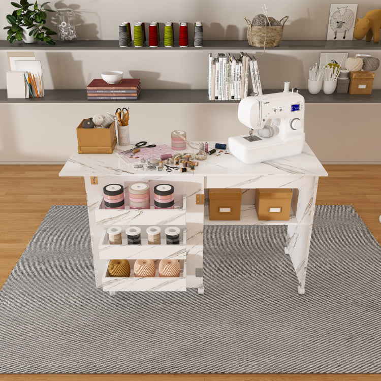 4 In 1 Folding Sewing Table With Lockable Wheels Multi Functional Craft Station, End Table, Computer Desk & Kitchen Storage With Shelves, White Rolling Sewing Machine Table For Apartments