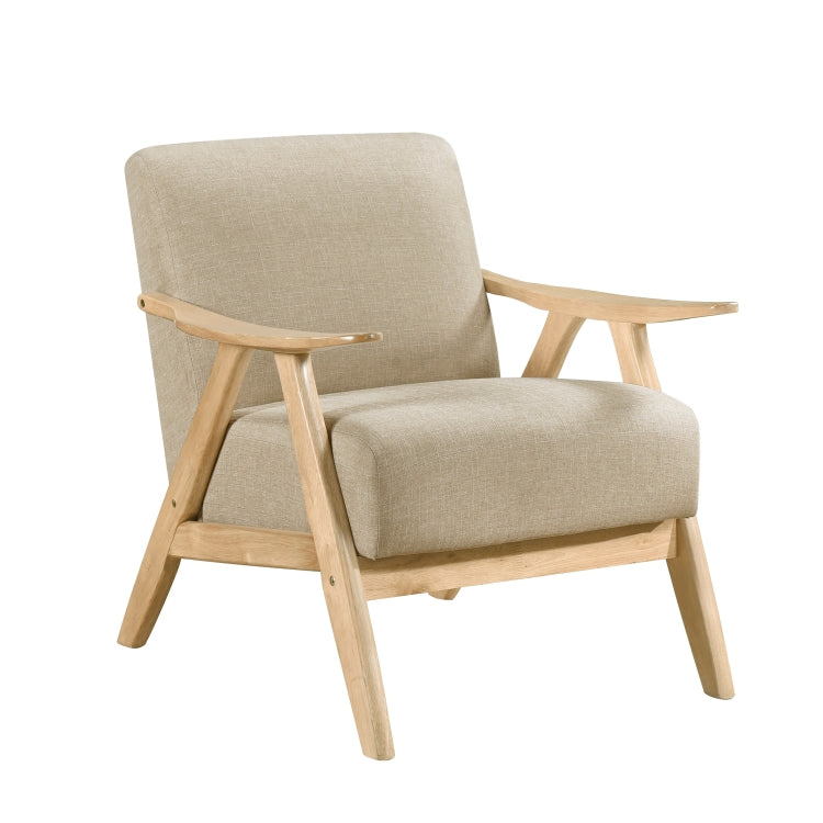 Modern Home Furniture Light Brown Fabric Upholstered 1Pc Accent Chair Cushion Back And Seat Natural Finish Solid Rubber Wood Furniture