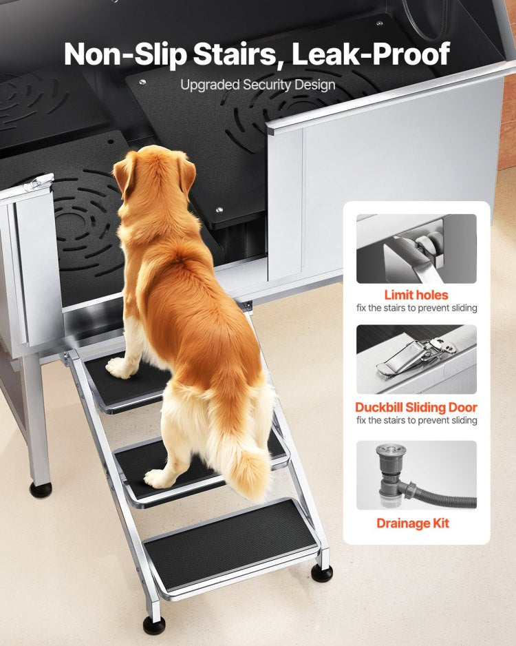 50 Inch Dog Grooming Bath Tub Stainless Steel W Stairs Water Filter Left