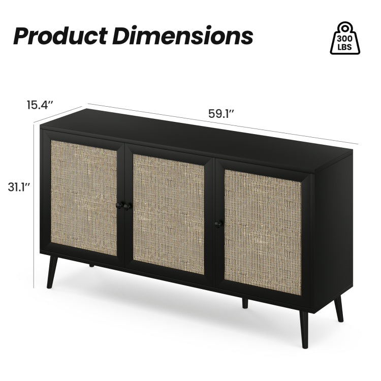 Sideboard Buffet Cabinet With 3 Rattan Doors,Modern Kitchen Storage Console Cabinet For Entryway Living Room Large,Black