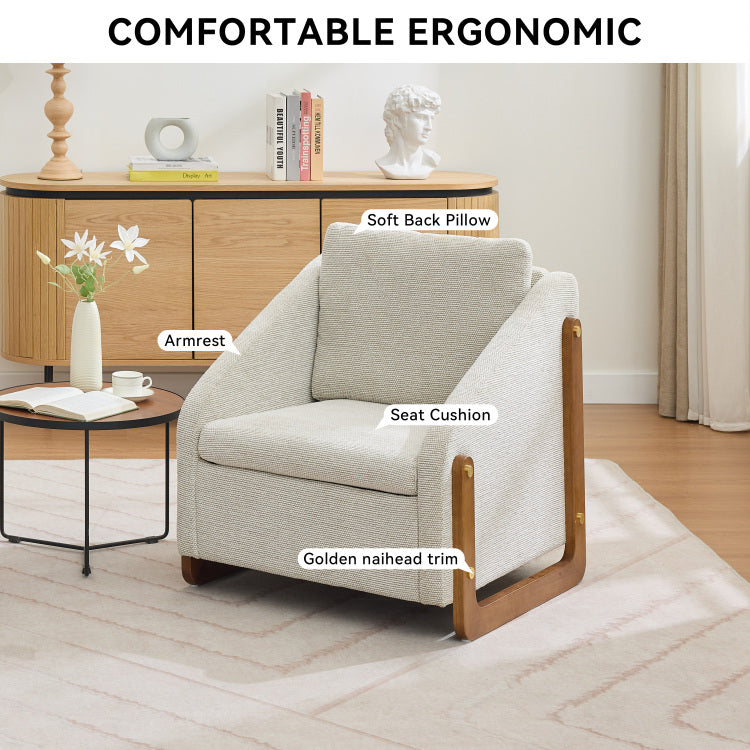 057 Set Of 1 Chenille Fabric Modern Upholstered Armchair With Wooden Side Frame , Accent Leisure Chair With Cushioned Seat And Backrest For Living Room, Bedroom,Beige