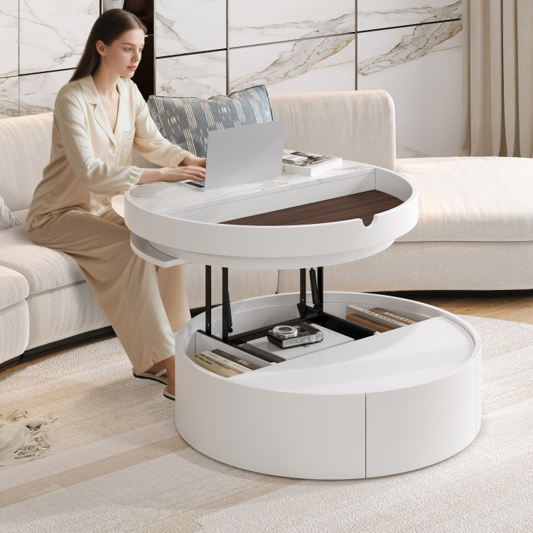 White Round Lift Coffee Table With 1 Drawer In 29.5", Marble Veneer And Wood Grain Tabletop