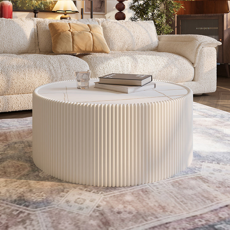 Light Sintered Stone Top Cylinder Shape Leather Coffee Modern Sofa Table For Living Room Furniture Each Tabletop Has A Unique Gold Pattern