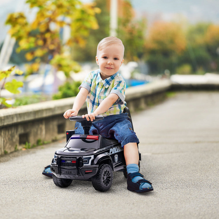 Aosom Kids Push Ride On Car With Working Pa System And Horn, Police Truck Style Foot To Floor Sliding Car For Boys And Girls With Under Seat Storage, For 18 Months To 5 Years Old, Black