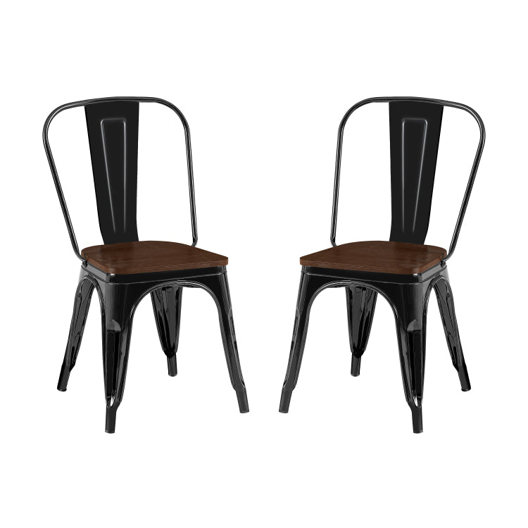 Set Of 2 High Gloss Black With Walnut Wooden Seat Industrial Metal Dining Chairs 18 Inch Seat Height Stackable, Indoor Outdoor, Lightweight Easy Clean Surface, Easy Assembly, Durable Modern Design