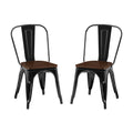 Set Of 2 High Gloss Black With Walnut Wooden Seat Industrial Metal Dining Chairs 18 Inch Seat Height Stackable, Indoor Outdoor, Lightweight Easy Clean Surface, Easy Assembly, Durable Modern Design