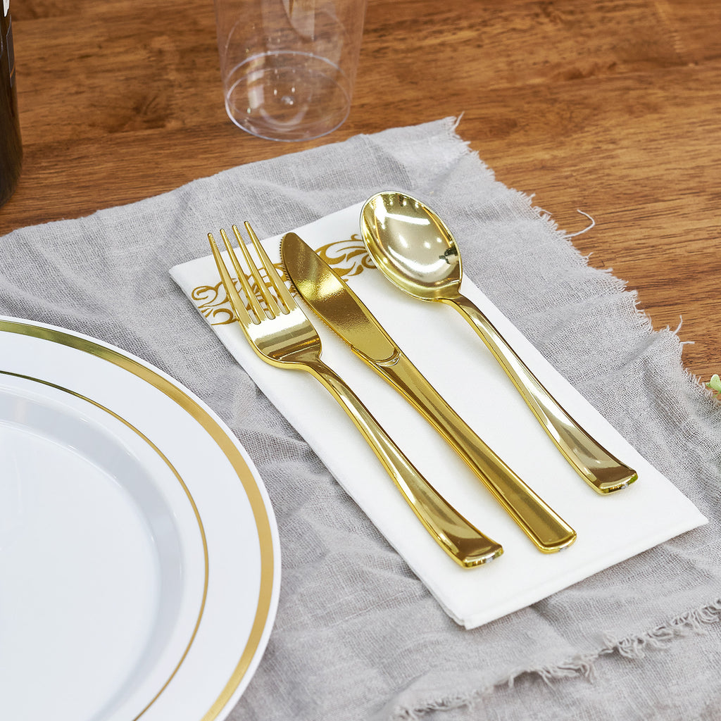 350 Pieces Gold Disposable Plates For 50 Guests, Disposable Plastic Plates For Party, Wedding, Dinnerware Set Of 50 Dinner Plates, 50 Salad Plates,50 Cups And 50 Paper Napkins, Gold