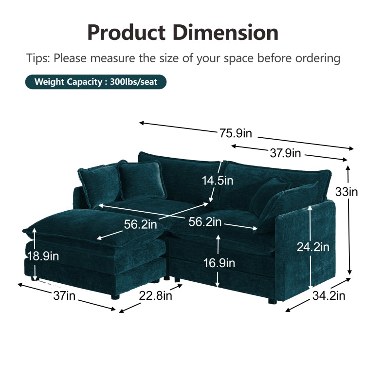 Chenille Two Seater Sofa With 1 Footrest, 2 Seater L Shaped Sectional With Ottoman,Loveseat With Ottoman For Small Living Space,Blue Chenille