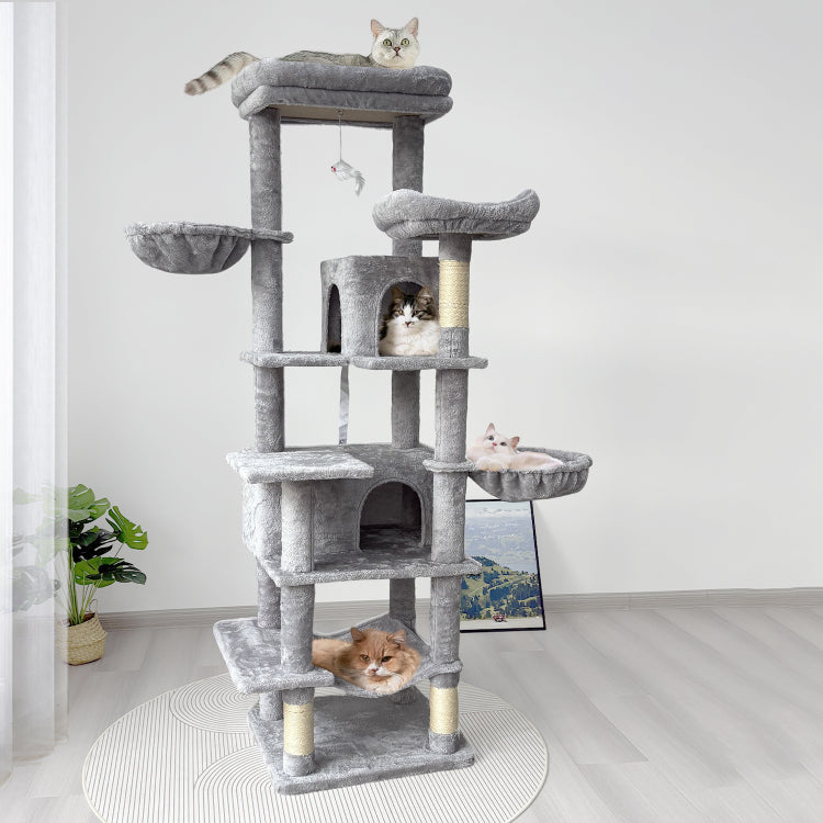 68In Tall Multi Level Green Cat Tree With Hammocks, Hanging Basket, Cat Cave, Removeable Cushion, Scratching Posts Plush Cat Tower For Indoor Cats, Perfect For Multiple Cats Grey