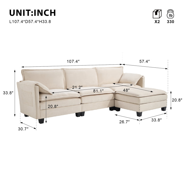 107 Inch L Shaped Sofa With Cotton Linen Velvet Texture, Corner Sofa With Storage Function On The Side, Suitable For Living Room, And Spacious Space,3 Seats Can Be Extended