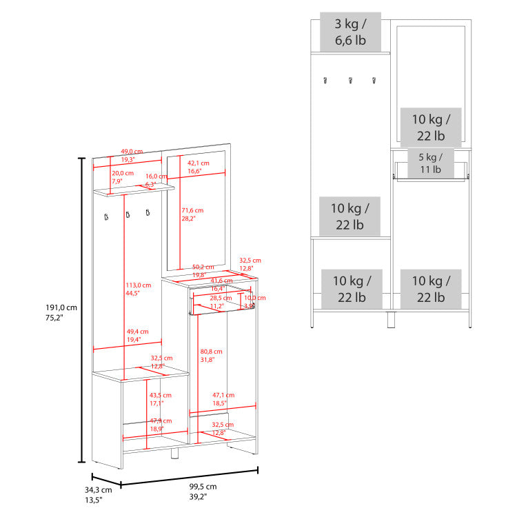 Parker 75" Tall Mirrored Tree Hall With Hangers, Three Shelves, Two Cabinets, One Drawer, Entry Way, Console Table, Living Room Light Oak